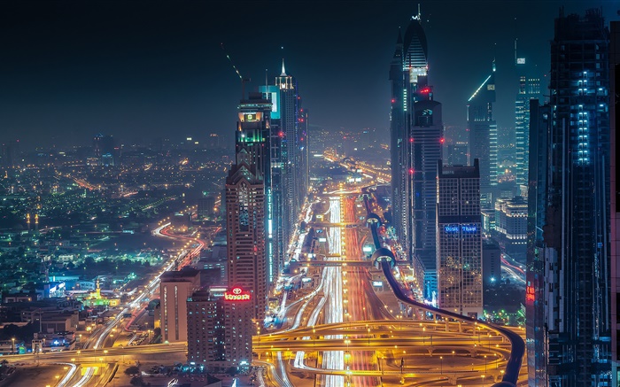 Dubaï, gratte-ciel, routes, lumières, nuit Fonds d'écran, image
