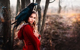 Fille robe rouge, corbeau