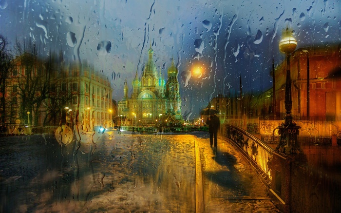 Saint-Pétersbourg, verre, gouttelettes d'eau, pluie, nuit, ville Fonds d'écran, image